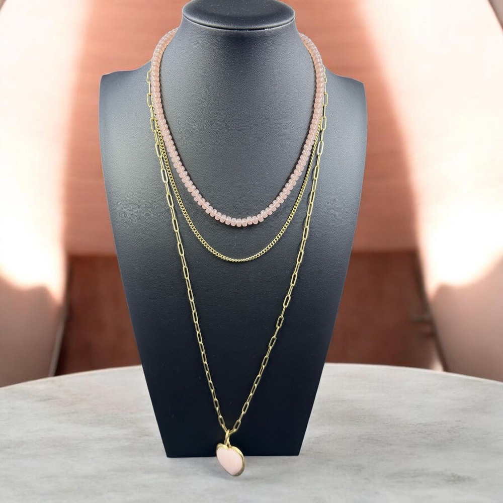 Pink Heart Pendant Layered Gold Chain Beaded Necklace Coquette Cottagecore